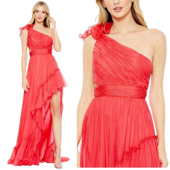 Mac Duggal Dresses & Skirts - Mac Duggal 67989 Cherry Red 2 Chiffon Ruffled One Shoulder Asymetric Gown Dress